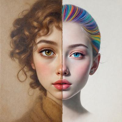 The primary subject of the image is a painting of a woman with two different colored eyes. The setting is a white background, and the visual style is a painting. The colors and mood of the painting are predominantly brown and pink, creating a warm and inviting atmosphere.